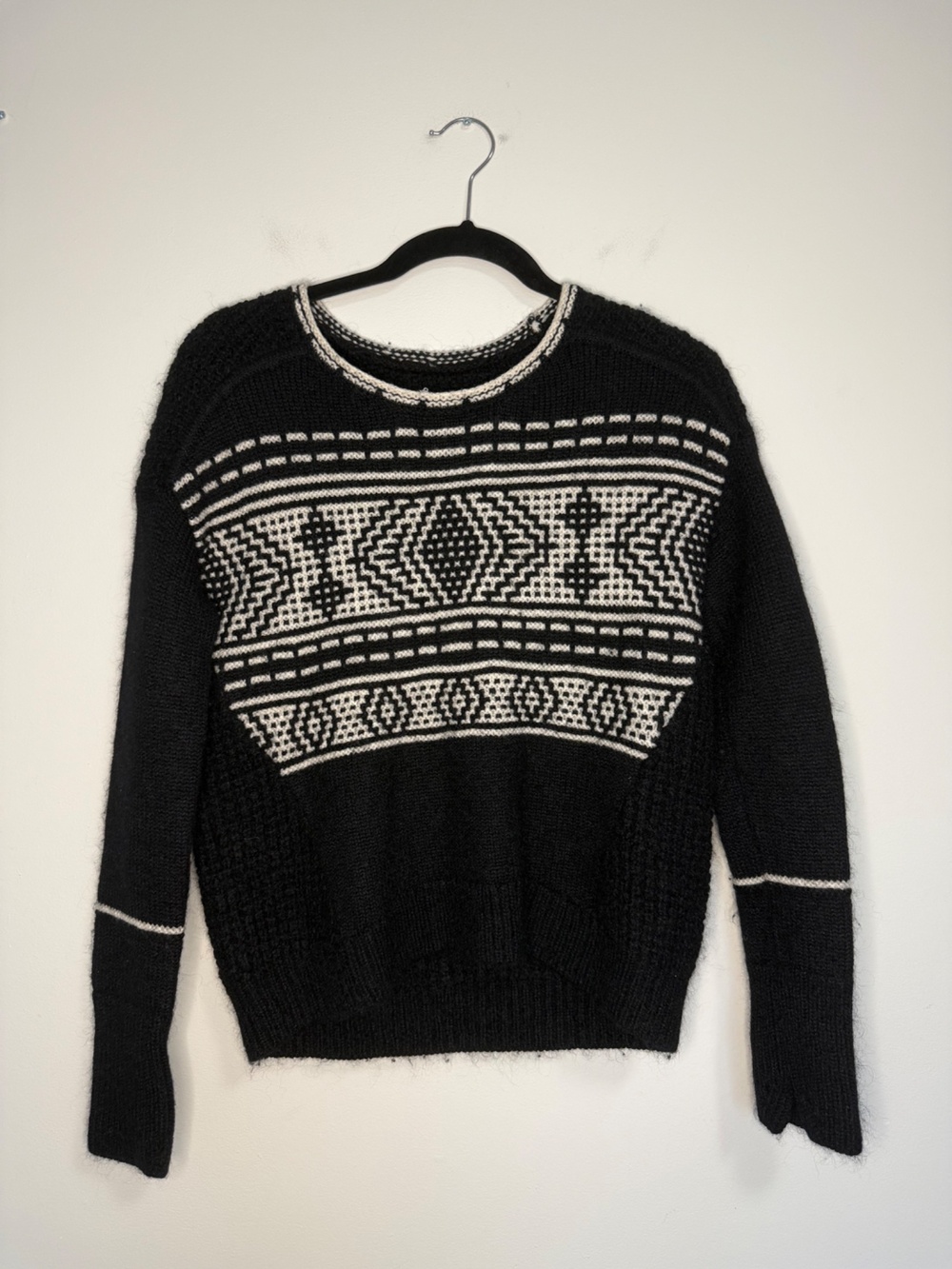 Fair Isle Geometric Merino Wool Sweater Black Cream Small Womens